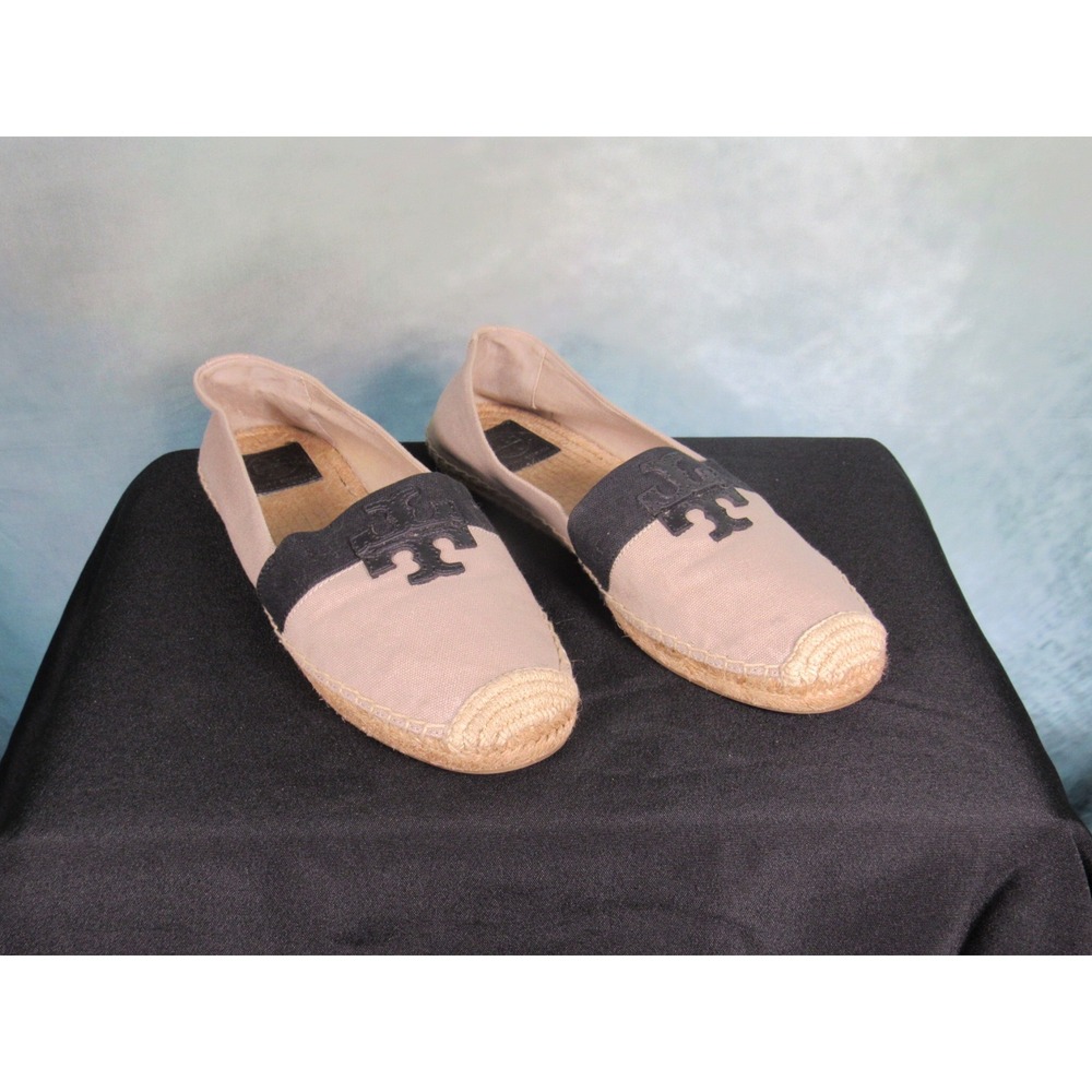 Tory Burch Weston Canvas Espadrille Flats Tan Black Logo Slip On Shoes Womens 10